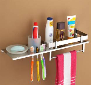 Plantex Stainless Steel 4in1 Multipurpose Bathroom Shelf/Rack/Towel Hanger/Tumbler Holder/Soap Dish/Bathroom Accessories (18 x 5 Inches - Pack of 1) Stainless Steel, Plastic Wall Shelf