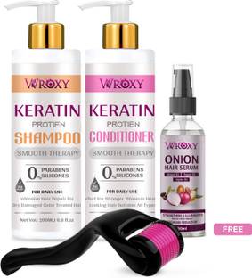 Wroxy Keratin Smooth Therapy Shampoo & Keratin Smooth Therapy Conditioner & Onion Hair Serum & Free Derma Roller