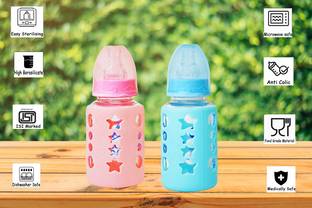 The Little Lookers Glass Feeding Bottle for Newborns/Infants/Babies | with Silicone Warmer Cover Pack of 2 (Pink & Blue) - 120 ml