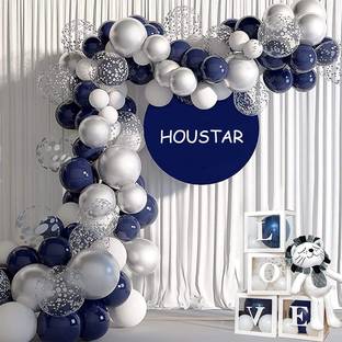 R G ACCESSORIES Solid Silver White Blue Balloons Garland Decoration Kit With Arch Ribbon Pack Of 52 Balloon