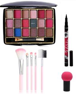 J & F 18 Colors Eye shadow , 5Pc Makeup Brush,36 Hours Eyeliner ,Mushroom Blender Puff