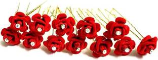 Rubela Hair Flower Fancy Bun Metal Jura pins Pack Of 12 red Rose Hair Pin