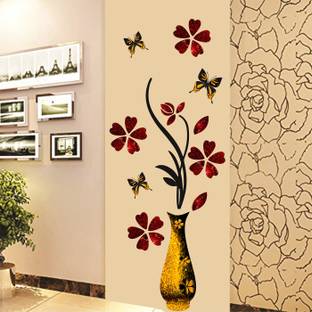 DivineDesigns 40 cm Flowers with Vase Golden Pots Self Adhesive Sticker