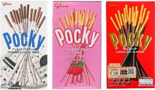 Pocky Pack Of Three | Strawberry, Cookie & Cream , Chocolate Flavour, Imported Cookies Biscuit