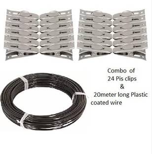 hinik combo of 24 PCs Coth Clip and 20 m PVC coated wire Stainless Steel, Plastic Cloth Clips