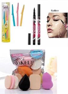 Lusty soul COMBO OF 3 Pcs Eye Brow Razor + 2 Pcs 36H Waterproof Eyeliner + 1 Set 6 in 1 Make Up Sponge