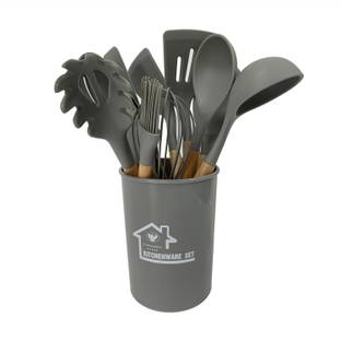 faire la cuisine 12 Pc Food Grade Wood Handle Non-stick Silicone Kitchen Utensils, Light Grey Kitchen Tool Set