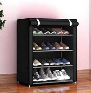 GOLAJI Shoe rack 4 Layer Shelves Black Plastic Collapsible Shoe Stand