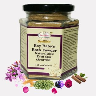 DevElixir Natural Cosmetics Boy baby Bath powder : for skin lightening, even tone packed with rose, Licorice arjuna, green grams, red & white sandal wood, vetiver, & Ayurvedic herbs extracts