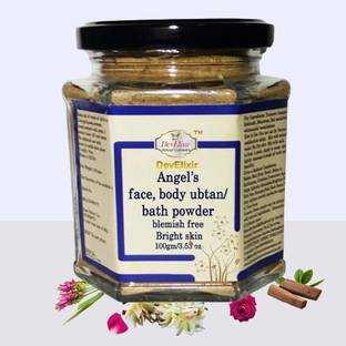 DevElixir Natural Cosmetics Anjel bath powder: Brighten & Radiant Complexion skin , prevents & fades/lighten Pregnancy melasma , stretch marks, old marks of breakouts. Acne ,blemishes greasy free skin. get a perfectly even tone by opting for Angel face/bath powder. which packed with Turmeric, champaca, Bakhuchi, Marjram, Red sandalwood, white sandal wood, kostam and Ayurvedic extracts