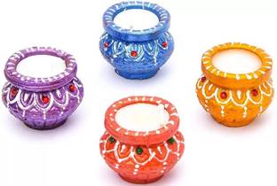 Fashion Bizz 4 PCS Matki Diya for Puja Diwali Decoration Diyas Christmas Xmas Decoration Item Terracotta 4 - Cup Tealight Holder Set