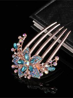 YELLOW CHIMES Blue crsytal Studded Floral design in Gold-Toned Glamorous Spark Comb Pin Hair Pin