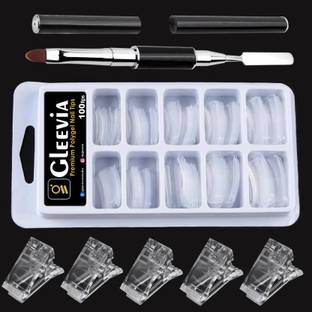Gleevia Acrylic Nail Extension Kit- Reusable Nails 100pc, Applicator Brush & 5Nail Clips