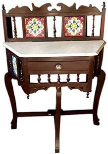 QA Antique Handicraft Traditional Trapezium Shape Console Table Solid Teak Wood Crown Back Marble Solid Wood Coffee Table