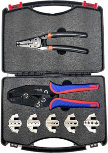 Leyden VX-9CQK, 7 PCS. Quick Change Crimping Tool Kit With Box Multifunction Ratcheting Crimper For MC4, Ferrule, Nylon, Insu. & Non Insu., Heat Shrink Connectors Manual Crimper