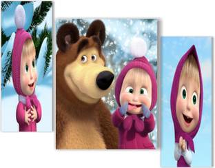 ARINJAY Masha and bear Painting Set of 3 for Home Decoration (12 inch x 18 inch,) Digital Reprint 18 inch x 12 inch Painting