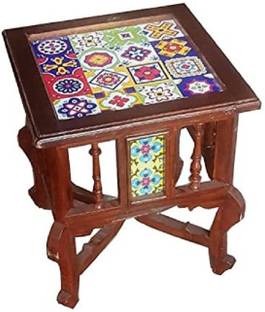 QA Antique Handicraft Teak Wood Corner Side/Small Coffee Table with Ceramic Tile Top (18x15x15-inch) Solid Wood Coffee Table