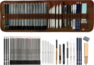 Definite Art 45 Pieces Professional Sketching and Drawing Art Tool Kit; 24 X Graphite Pencils- 14B, 12B, 10B, 9B, 8B, 7B, 6B, 5B, 4B, 3B, 2B, B, HB, F, H - 9H; 3 X Black Charcoal Pencils (1 X Soft, 1 X Medium & 1 Hard), 6 X Paper Art Blending Stumps, 3 X Sketch Eraser Pencil, 1 X Blending Brush, 2 X White Pens, 1 X Utility Sharpening Knife, 1 X 13cm Pencil Extender, 1 X Sand Paper, 1 X Black Dual Tip Permanent Marker , 1 X Kneadable Eraser, and 1 X 48 Slots Canvas Rolling Pouch.