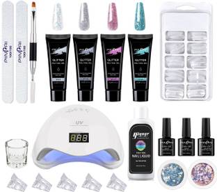 Store2508 Glitter Nail Extension Poly Nail Gel Kit with Top Coat Base Coat UV Nail Lamp