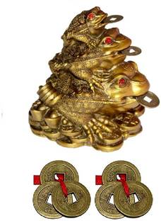 APNA KANHA Triple Luck Money Frog Family with 2 Lucky Coin Set Decorative Showpiece  -  9.5 cm