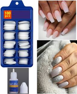 Facejewel Latest and Trendy Professional 100 Tips of Transparent Nails with Glue Transparent