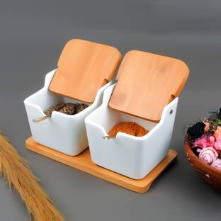 JENI ENTERPRISE Ceramic Storage Bowl Porcelain Sugar Bowl Condiment Jar-Ceramic Spice Container with Flip Top Bamboo Lids and Spoons, Set of 2 Sugar Container