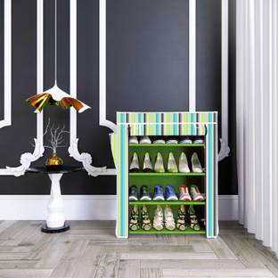 SPIRITED Green Strip Print 4 Layer For Home And Kids Shoe Stand Metal Shoe Stand