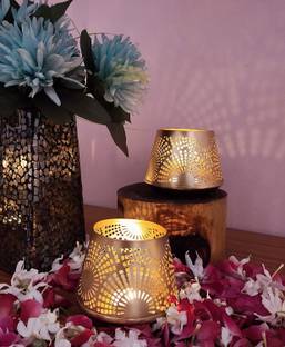 Amishi Blissful Exclusive Cutwork Metallic Votive Handcrafted Metal Tealight Holder Set of 02 Cast Iron Tealight Holder