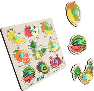 Childgossip Wooden Fruits Puzzle with Pegs Educational Learning Shapes,Fruit Names Board Toy