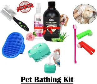 Hachiko Best Quality (Combo Of 6) Pet Bathing Kit Imported Dog Needs High Quality Grooming Kit,, Dog Shampoo + Body Spray + Double Sided Comb + Teeth Brush + Bath Towel +Bath Gloves Pet Bathing Kit For All Types Pets Basic Comb for  Dog, Cat, Rabbit, Hamster, Dog & Cat