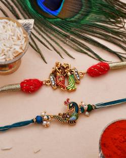 Voylla Thread Set of 2
Pearl Beads Studded Gold Toned Rakhi Mauli Thread Chawal Roli Pack  Set