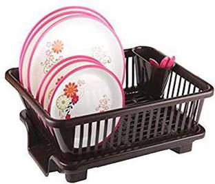 MECHON Plastic 3 in 1 Large Sink Set Dish Rack Drainer with Tray for Kitchen (Brown) Storage Basket