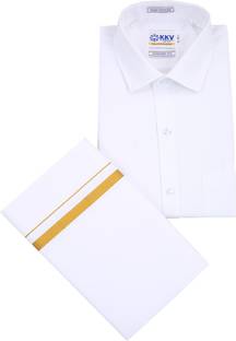kkv White Full Sleeve Shirt With Gold Jari Single 4 Mulam (2 Meters) Solid Men Dhoti