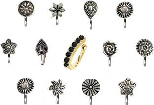 Vama Fashions Black Silver Plated Silver Nose Stud Set