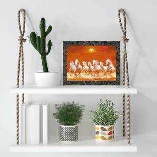 Indianara Vastu 7 Horses Framed wall Painting /Table Top 1967TT(MGY)-WITH GLASS Digital Reprint 8 inch x 6 inch Painting