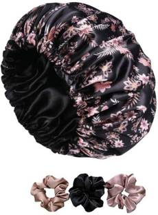 Wesofy Satin Hair Bonnet cap 3 Scrunchies sleeping bonnet hair bonnet [Black Flower]
