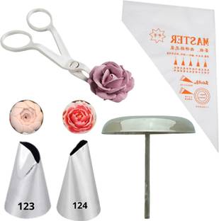 Husaini Mart 123 + 124 + rose nail + scissor + 25 piping bag Stainless Steel Quick Flower Icing Nozzle