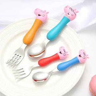 PEARLGREEN Pink Pig Family Cartoon Theme Spoon & Fork Set for Kids (2 Spoons + 2 Forks) Stainless Steel Table Spoon Set