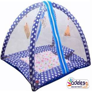 Ankur Creation Bedding Set with Foldable Mattress, Mosquito Net and Pillow Blue Polka Baby Mosquite Bedding Polka Dots