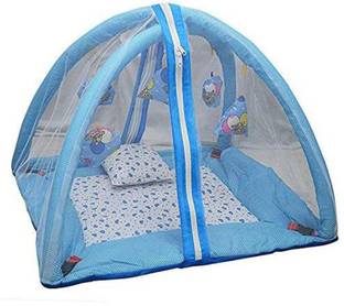 ODELEE Cotton Infants Washable Bedding Set with Foldable Mattress, Mosquito Net and Pillow Sky Blue Mosquito Net