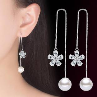 MYKI Classic Flower Pearl Long Zircon Earring For Women & Girls Swarovski Zirconia Sterling Silver Drops & Danglers