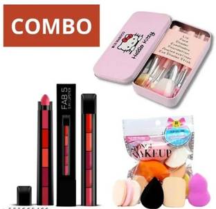 swenky Combo Fab 5 In Lipstick & Hello Kitty Brushes Box With Blender Puff Pouch.