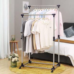 ZEKARO Steel Floor Cloth Dryer Stand Double Pole Cloth Rack Foldable Garment Hanging Laundry Drying Stand with Wheels