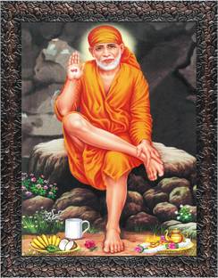 Indianara Shirdi Sai Baba Painting (4353GBN) -Synthetic Frame, 10 x 13 Inch Digital Reprint 13 inch x 10.2 inch Painting