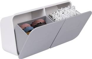 HOUSE OF QUIRK Wall Mounted Qtip Holder for Cotton Swabs, Dispenser for Bathroom - Grey Plastic Wall Shelf