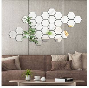 Bikri Kendra 12 cm Hexagon 30 Silver Wall Mirrors Stickers for Hall Bedroom Home Office 3D Acrylic Self Adhesive Sticker