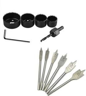 Kshivi HB:010 Combo Of 6 Pcs Holesaw Cutter Set Hole Saw Drill Bit Kit 32mm/38mm/44mm/ /54 And 6 Pcs Flat Drill Bits Best for Cutting Round Wood, Plastic Wood Cutter