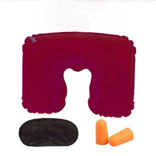 ShoppingKiSite [Travel Must-have] 3 in 1 Handy Travel Kit, Inflatable Neck Pillow for Sleeping & Rest + Comfortable Eye Mask + Soft Noise-Blocking Earplugs, Great for Long Journey on Plane, Train Neck Pillow & Eye Shade