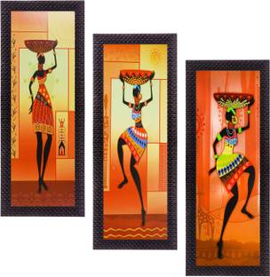 eCraftIndia Set Of 3 Tribal Ladies Satin Matt Textured Canvas 16 inch x 21 inch Painting
