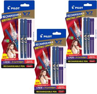 PILOT V7 Hi-tecpoint Roller ball pen with Cartridge System - 2 Blue Pens, 4 cartridges Roller Ball Pen